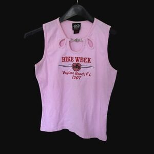 Y2K Biker Design Pink Daytona Beach Mcbling 2007 Cutout Tank‎ Top Womens Medium